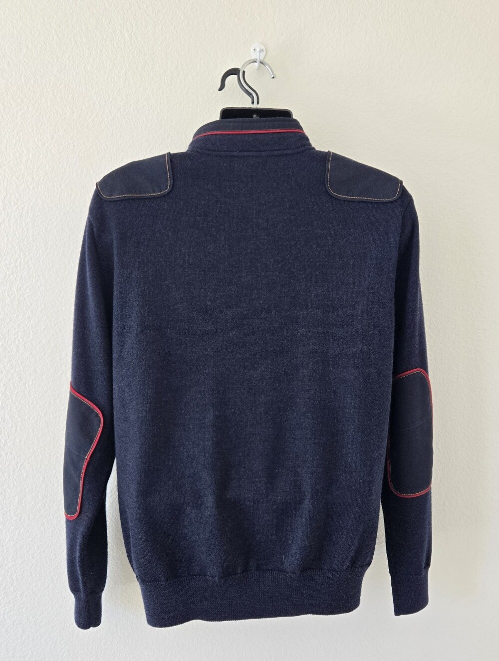 Orvis Mens Medium Navy Blue Wool 1/4‎ Zip Sweater Elbow Patch Shoulder Pullover - Picture 5 of 15